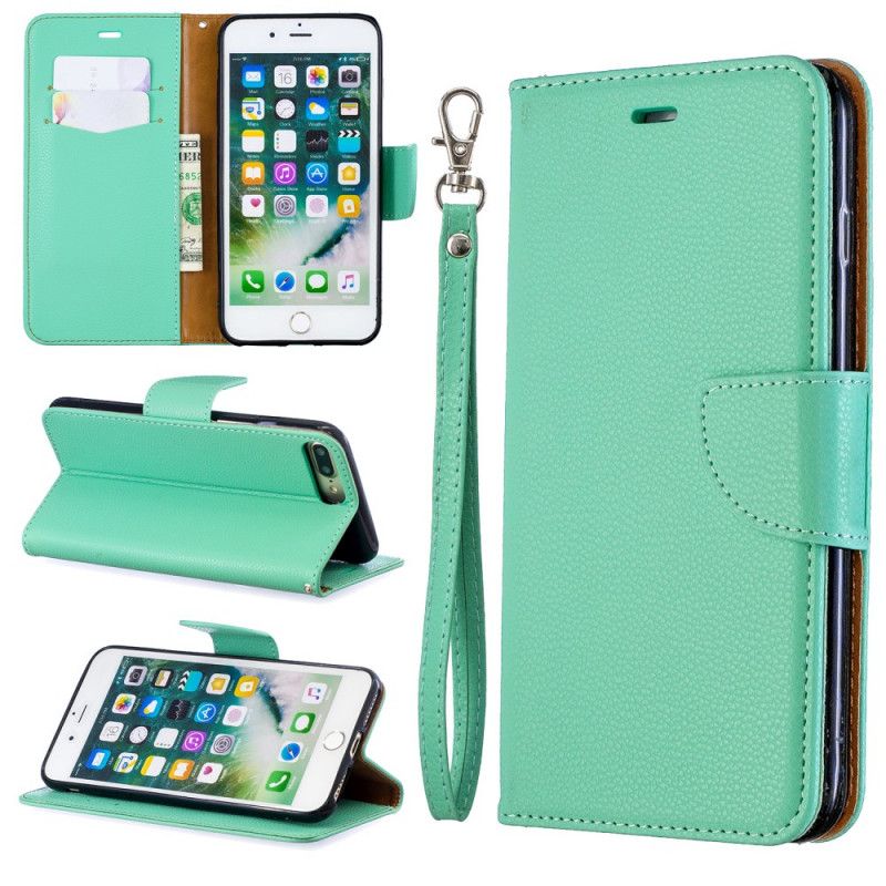 Etui Folio iPhone 7 Plus / 8 Plus Granatowy Czarny Efekt Kolorowej Skóry Liczi Ze Stringami Etui Ochronne