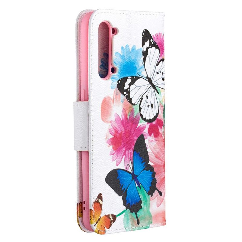 Etui Folio Oppo Find X2 Lite Jasnoniebieski Magenta Malowane Motyle I Kwiaty