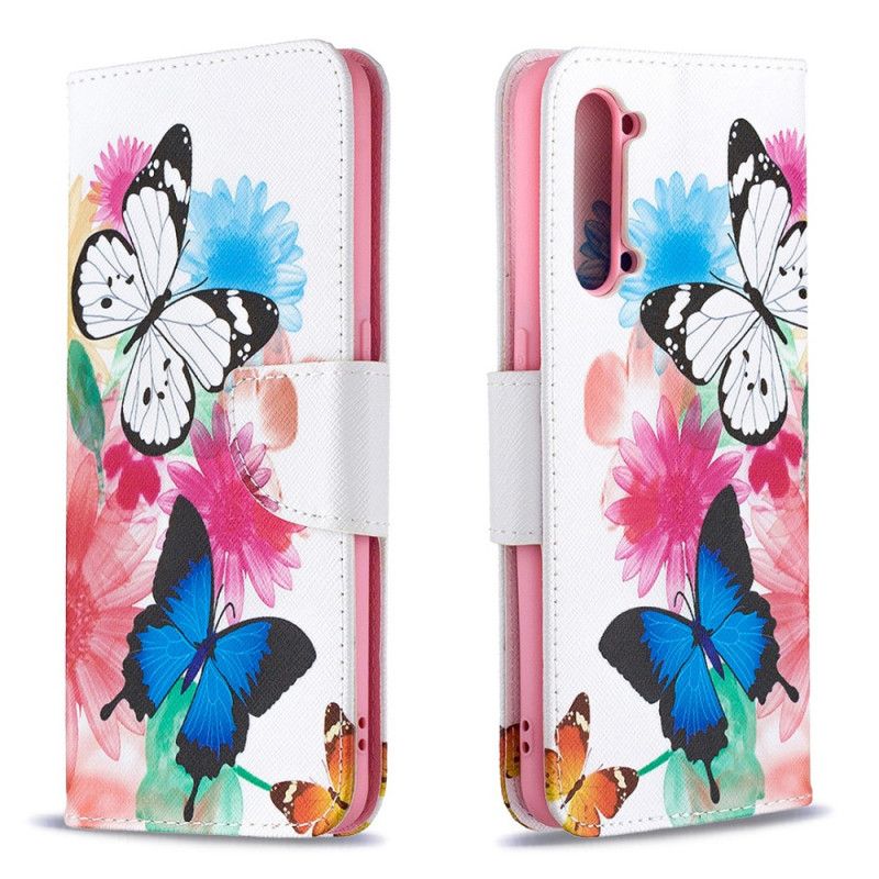 Etui Folio Oppo Find X2 Lite Jasnoniebieski Magenta Malowane Motyle I Kwiaty