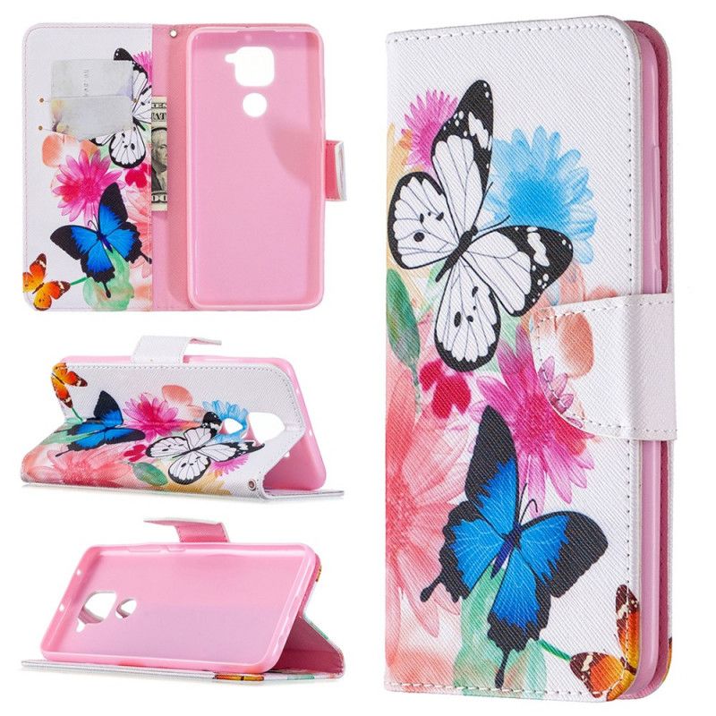 Etui Folio Xiaomi Redmi Note 9 Jasnoniebieski Magenta Malowane Motyle I Kwiaty Etui Ochronne