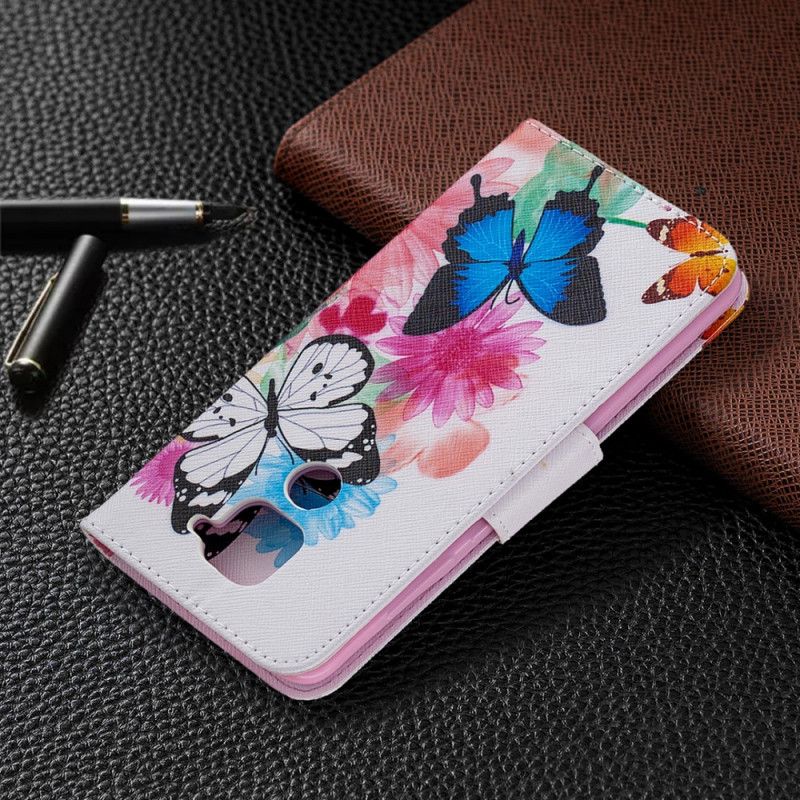 Etui Folio Xiaomi Redmi Note 9 Jasnoniebieski Magenta Malowane Motyle I Kwiaty Etui Ochronne