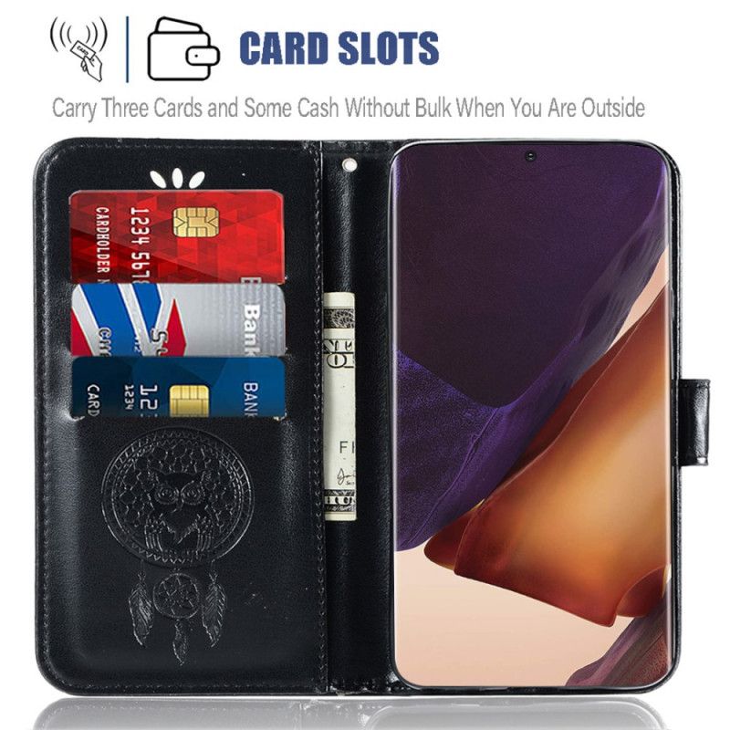 Etui Folio Samsung Galaxy Note 20 Ultra Jasnoniebieski Czarny Łapacz Snów Sowy Z Efektem Skóry Etui Ochronne