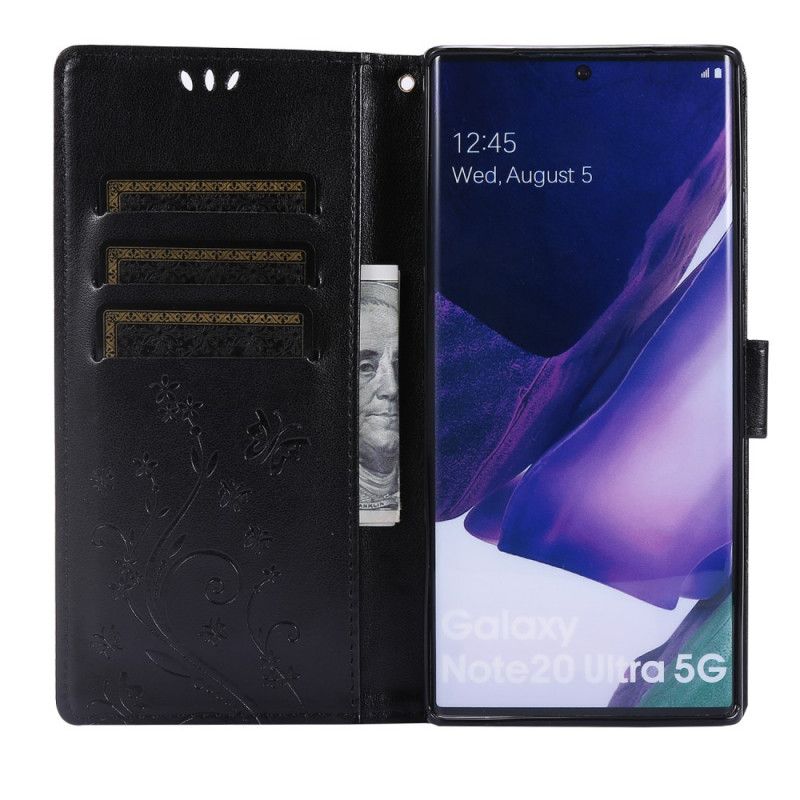 Skórzany Futerał Samsung Galaxy Note 20 Ultra Szary Czarny Etui na Telefon Motyle Na Wietrze