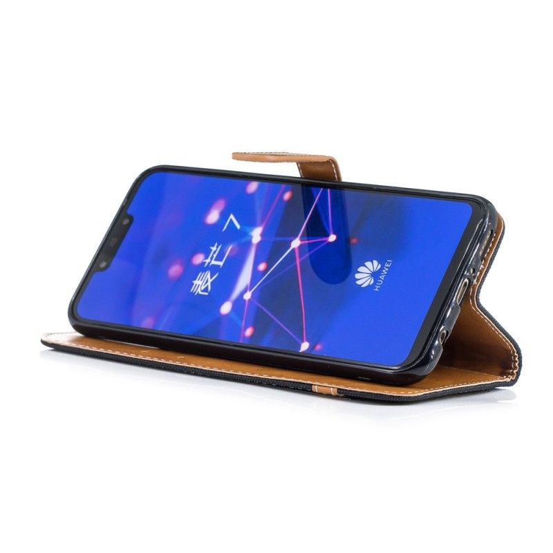 Etui Folio Huawei Mate 20 Lite Cyjan Czarny Efekt Tkaniny I Skóry Ze Stringami