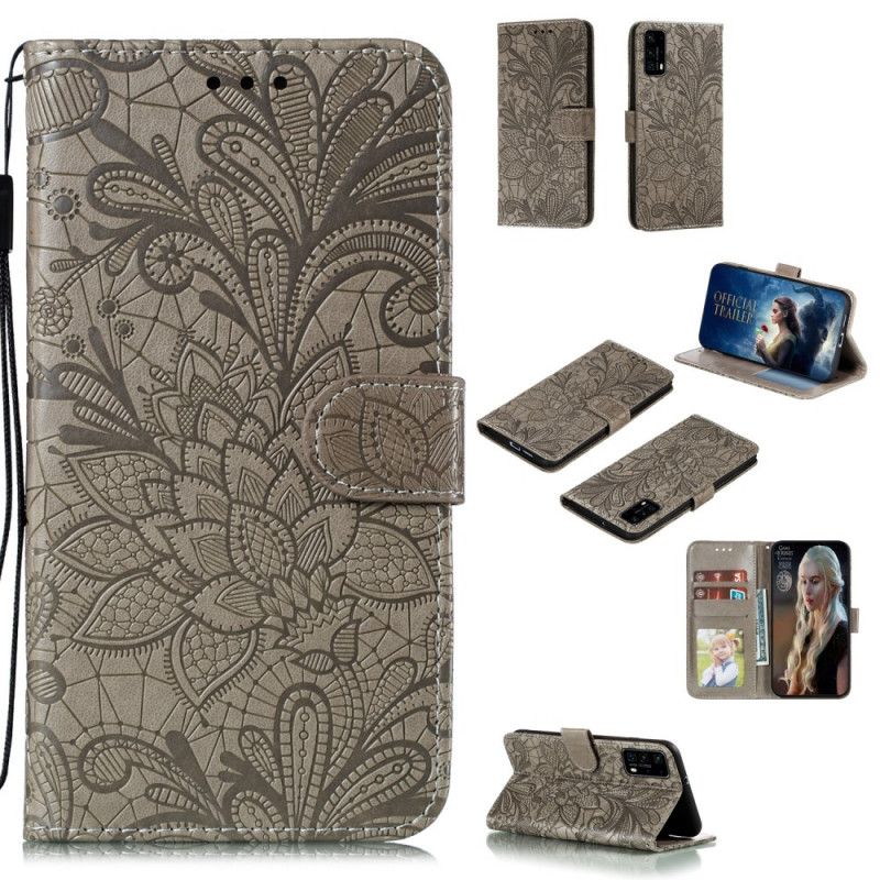 Etui Folio Huawei P40 Jasnofioletowy Czerwony Plemienne Kwiaty Ze Stringami