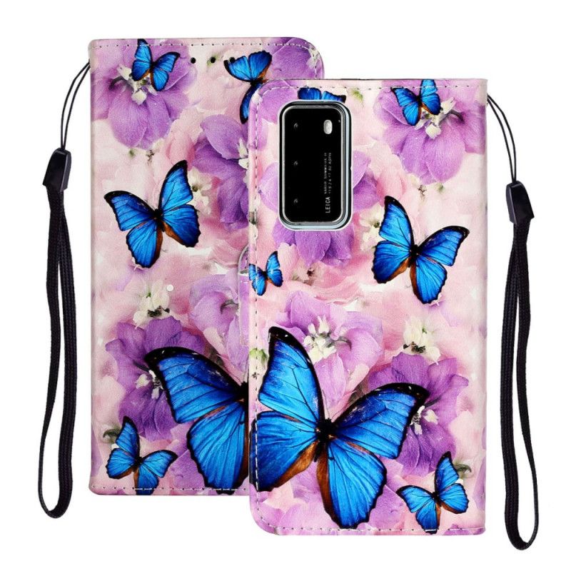 Etui Folio Huawei P40 Niebieskie Motyle W Kwiatach Etui Ochronne