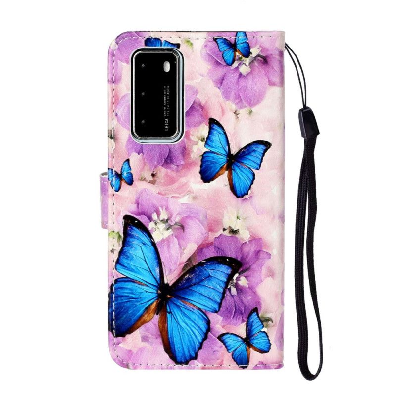 Etui Folio Huawei P40 Niebieskie Motyle W Kwiatach Etui Ochronne