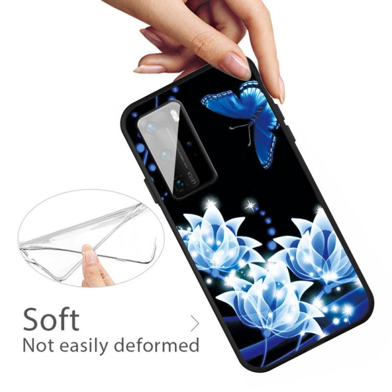 Etui Huawei P40 Motyle I Niebieskie Kwiaty