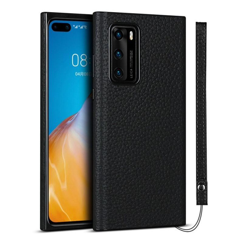 Etui Huawei P40 Szary Czarny Prawdziwa Skóra Liczi Z Paskiem