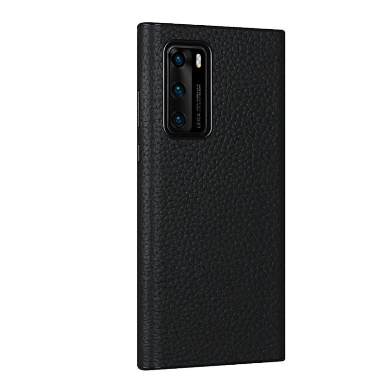 Etui Huawei P40 Szary Czarny Prawdziwa Skóra Liczi Z Paskiem