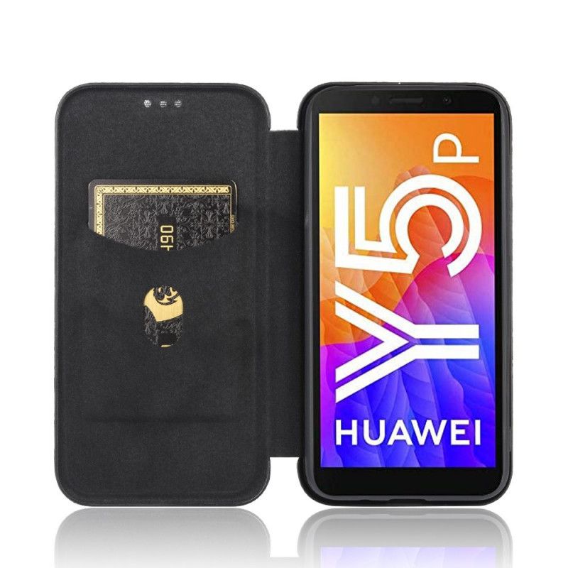 Flip Kotelot Huawei Y5p Pomarańczowy Czarny Włókno Węglowe Etui Ochronne