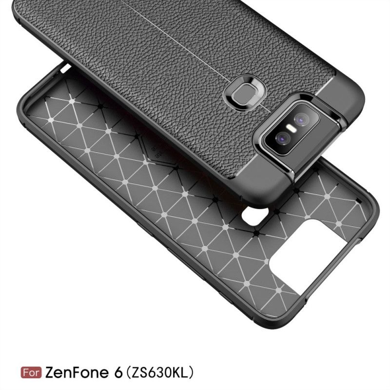 Etui Asus ZenFone 6 Czerwony Czarny Efekt Skóry Z Podwójną Linią Liczi Etui Ochronne