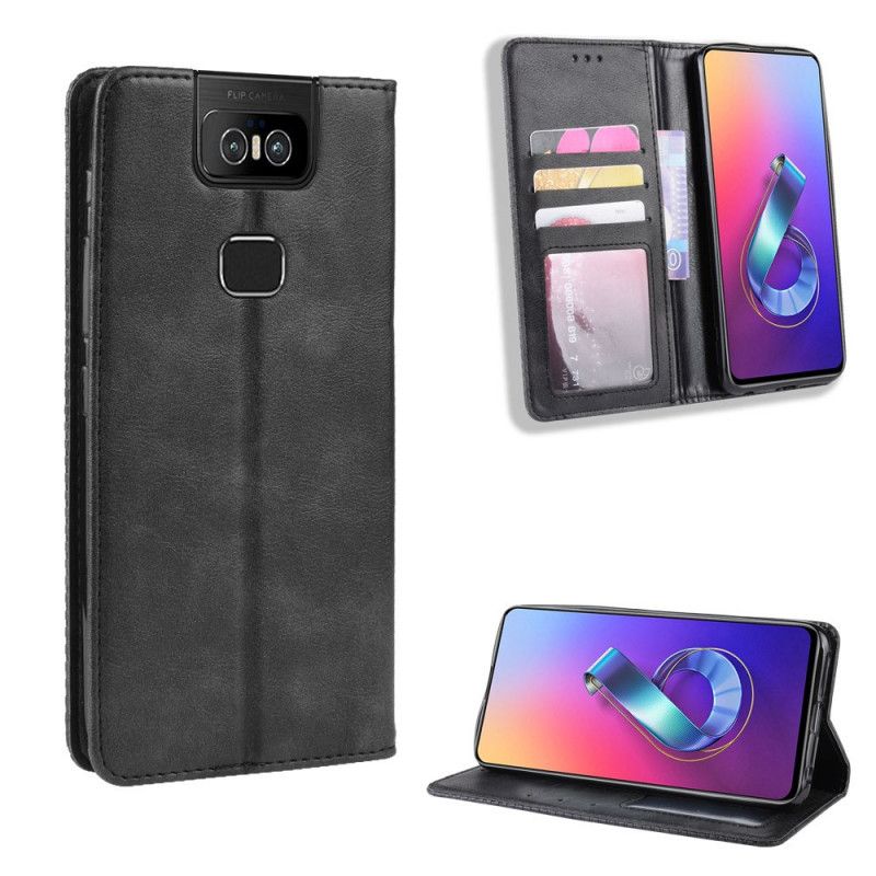 Flip Kotelot Asus ZenFone 6 Granatowy Czarny Stylizowany Efekt Skóry W Stylu Vintage