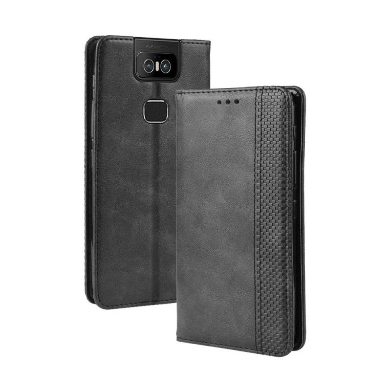 Flip Kotelot Asus ZenFone 6 Granatowy Czarny Stylizowany Efekt Skóry W Stylu Vintage