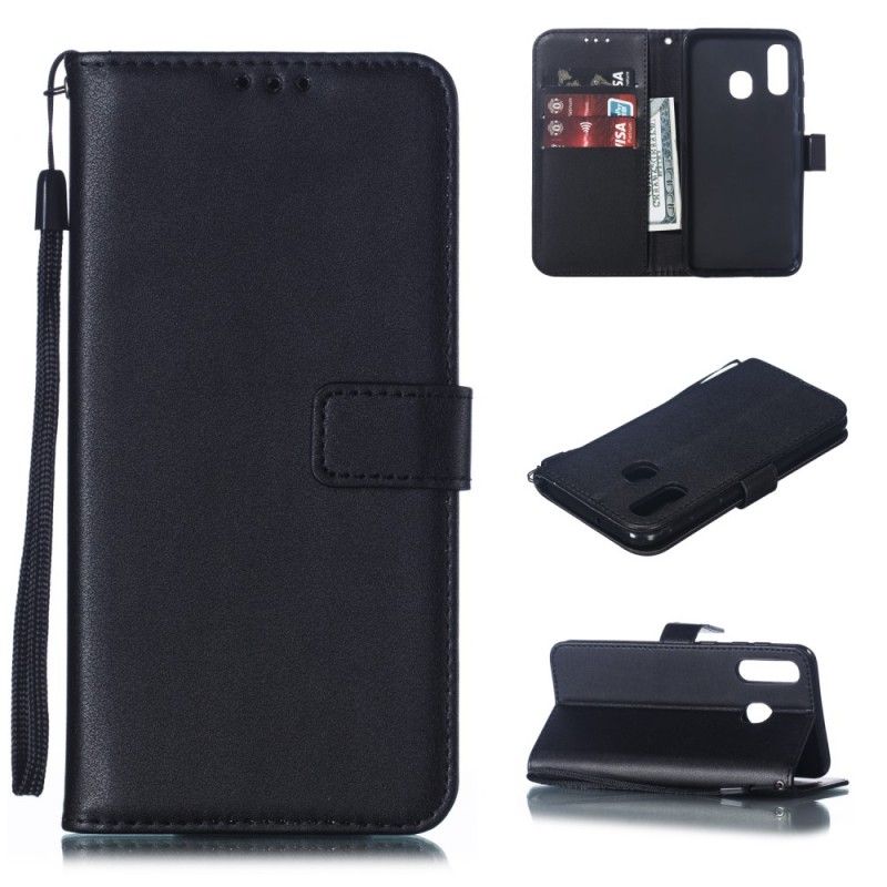 Etui Folio Samsung Galaxy A40 Ciemnoniebieski Czarny Efekt Skóry Ze Stringami