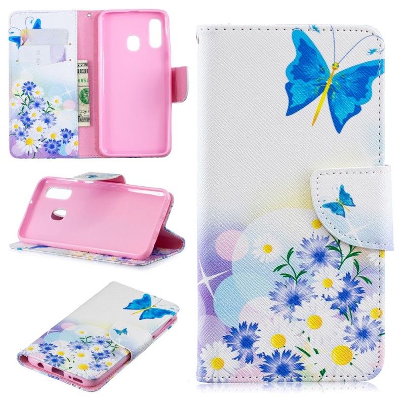 Etui Folio Samsung Galaxy A40 Jasnoniebieski Magenta Malowane Motyle I Kwiaty