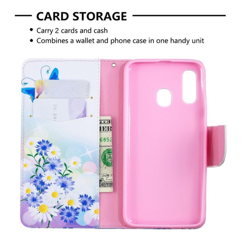 Etui Folio Samsung Galaxy A40 Jasnoniebieski Magenta Malowane Motyle I Kwiaty