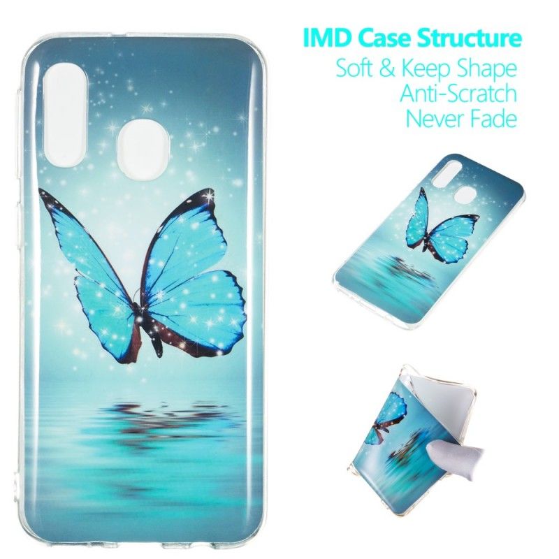 Etui Samsung Galaxy A40 Fluorescencyjny Niebieski Motyl