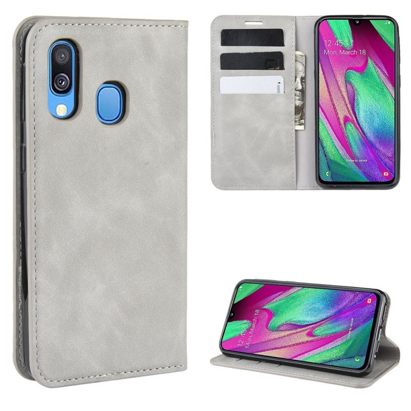 Flip Kotelot Samsung Galaxy A40 Szary Czarny Efekt Miękkiej Skóry