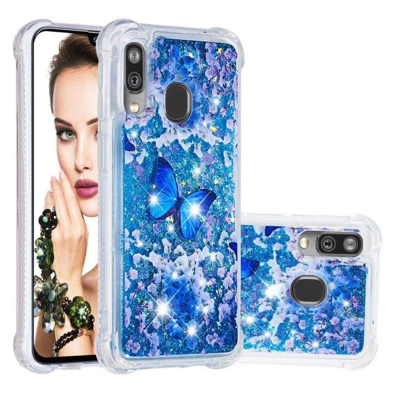 Futerały Samsung Galaxy A40 Etui na Telefon Niebieskie Motyle Z Brokatem