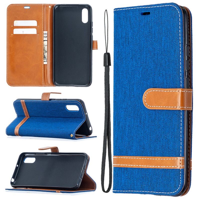 Etui Folio Xiaomi Redmi 9A Szary Czarny Efekt Tkaniny I Skóry Z Paskiem