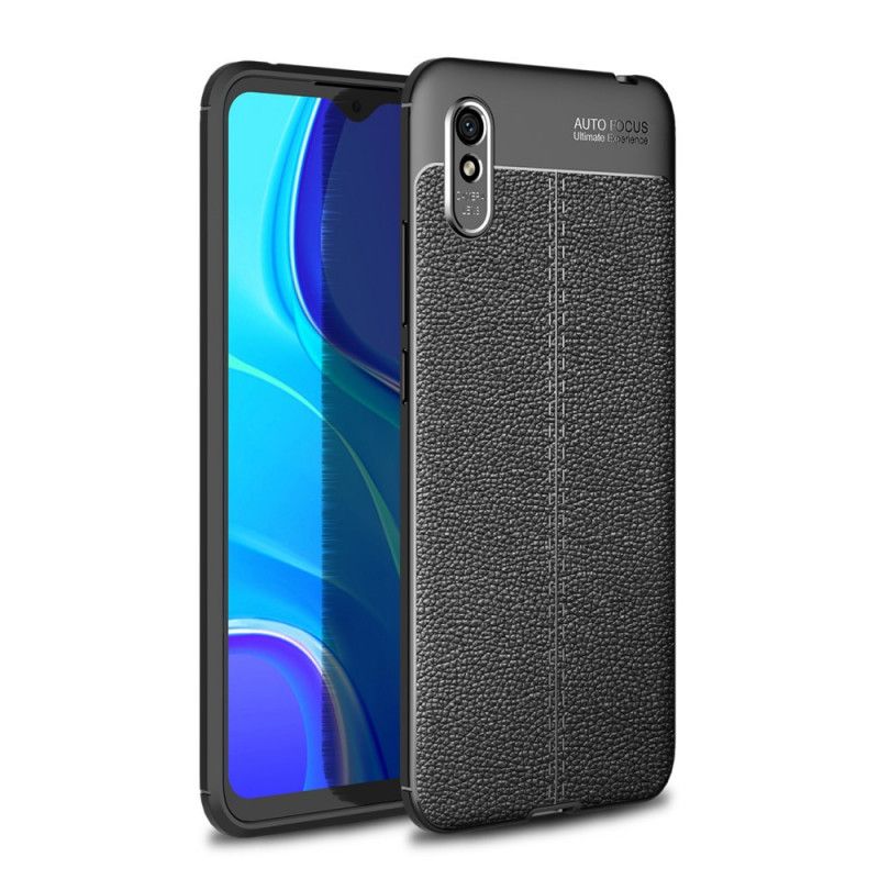 Etui Xiaomi Redmi 9A Czerwony Czarny Efekt Skóry Z Podwójną Linią Liczi