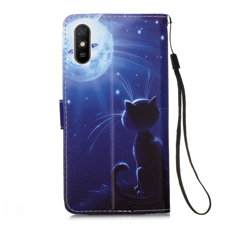 Skórzany Futerał Xiaomi Redmi 9A Etui na Telefon Księżycowy Kot Ze Stringami