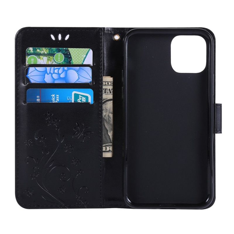 Etui Folio iPhone 11 Pro Szary Czarny Motyle I Kwiaty Etui Ochronne