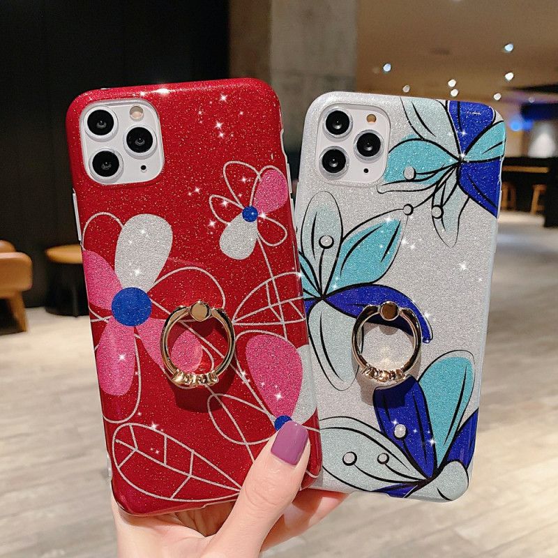 Etui iPhone 11 Pro Jasnoniebieski Czerwony Cekiny W Kwiaty Na Pierścionki