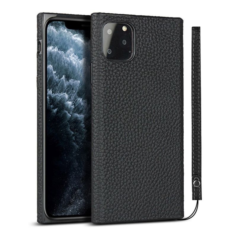 Etui iPhone 11 Pro Szary Czarny Prawdziwa Skóra Liczi Z Paskiem Etui Ochronne