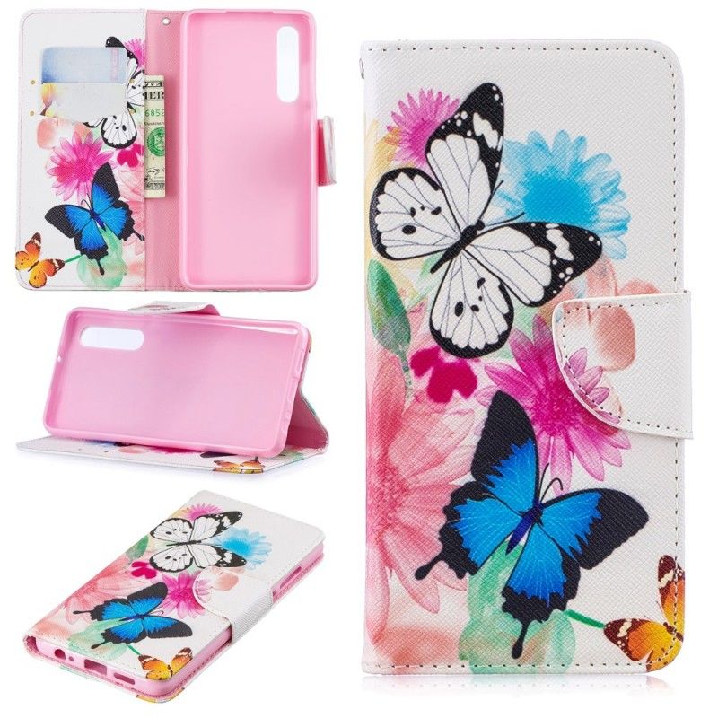 Etui Folio Huawei P30 Purpurowy Malowane Motyle I Kwiaty Etui Ochronne