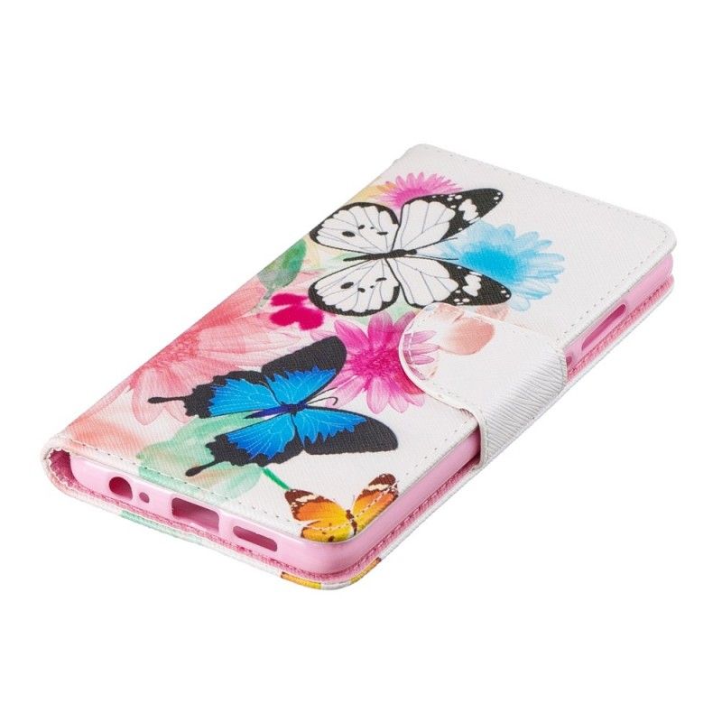 Etui Folio Huawei P30 Purpurowy Malowane Motyle I Kwiaty Etui Ochronne