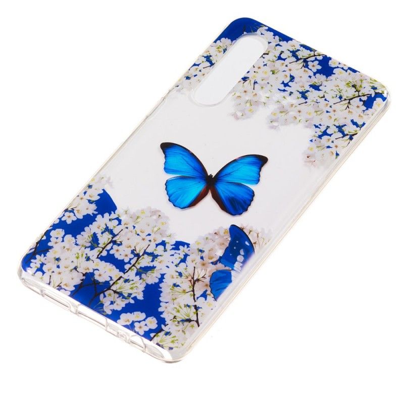 Etui Huawei P30 Niebieski Motyl I Zimowe Kwiaty Etui Ochronne