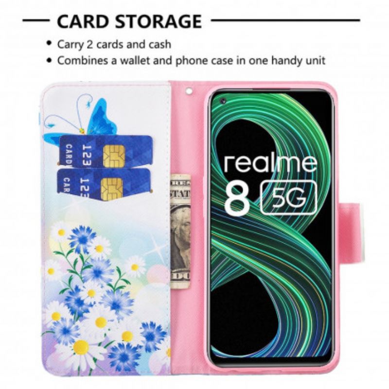 Etui Folio Realme 8 5g Malowane Motyle I Kwiaty Etui Ochronne