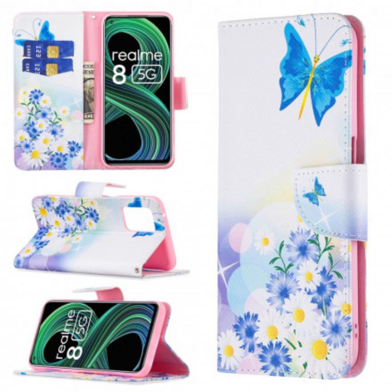 Etui Folio Realme 8 5g Malowane Motyle I Kwiaty Etui Ochronne