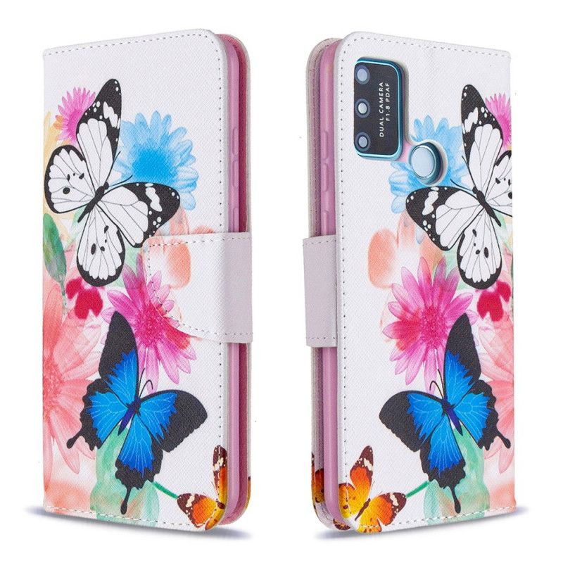 Etui Folio Honor 9A Jasnoniebieski Magenta Malowane Motyle I Kwiaty Etui Ochronne