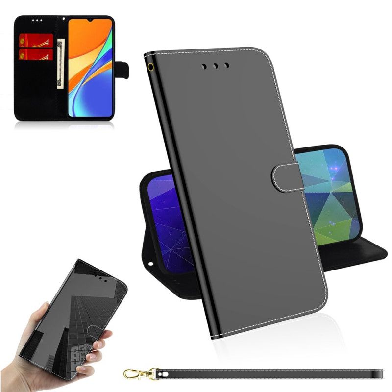 Etui Folio Xiaomi Redmi 9C Biały Czarny Osłona Lusterka Z Imitacji Skóry Etui Ochronne