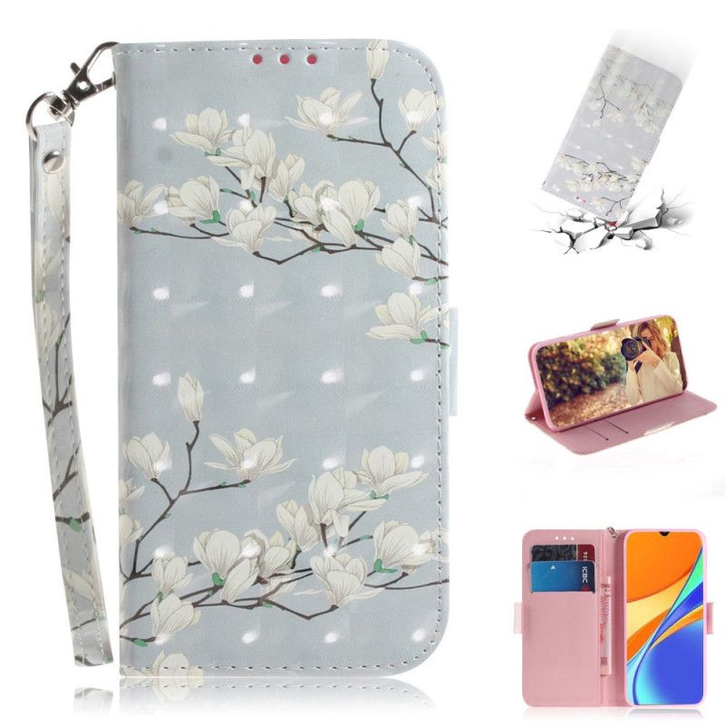 Etui Folio Xiaomi Redmi 9C Zielony Szary Kwitnąca Gałąź Ze Stringami