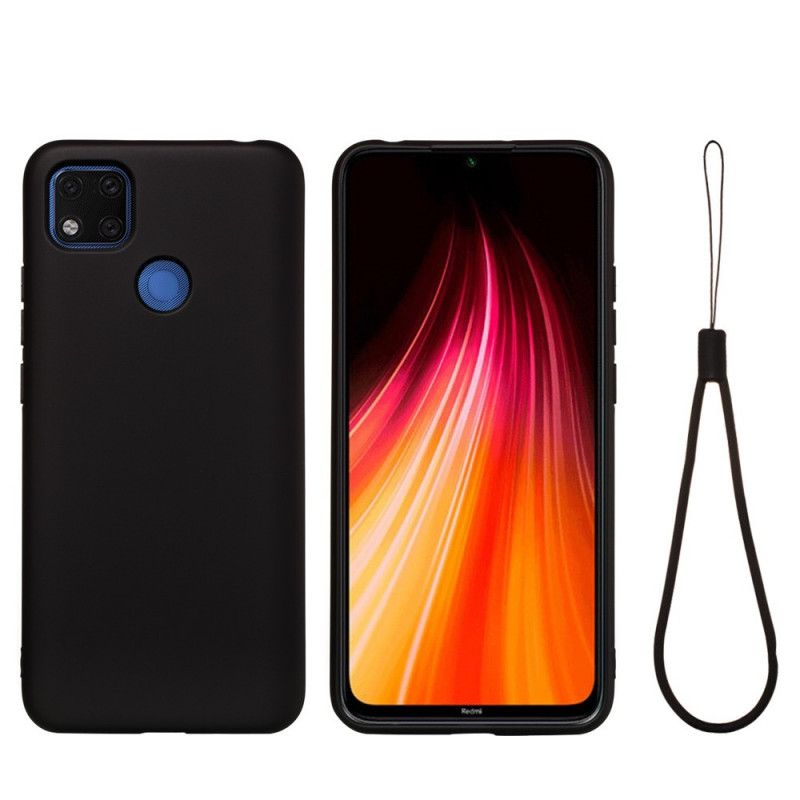 Etui Xiaomi Redmi 9C Czerwony Czarny Płynny Silikon Z Paskiem Etui Ochronne