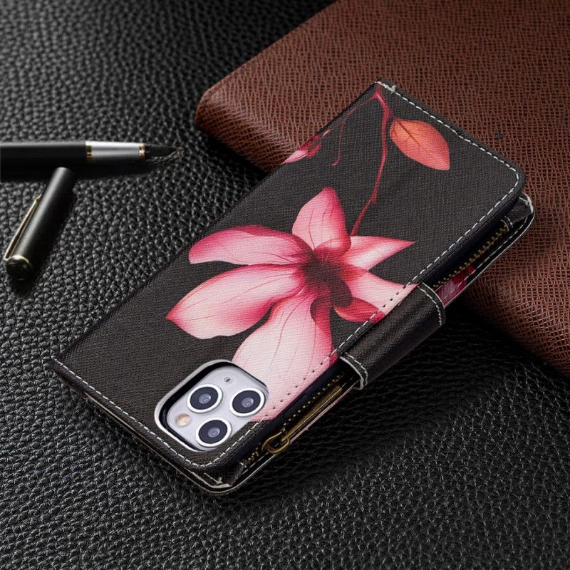 Etui Folio iPhone 11 Pro Max Biały Czarny Kieszeń Zapinana Na Zamek W Kwiaty Etui Ochronne