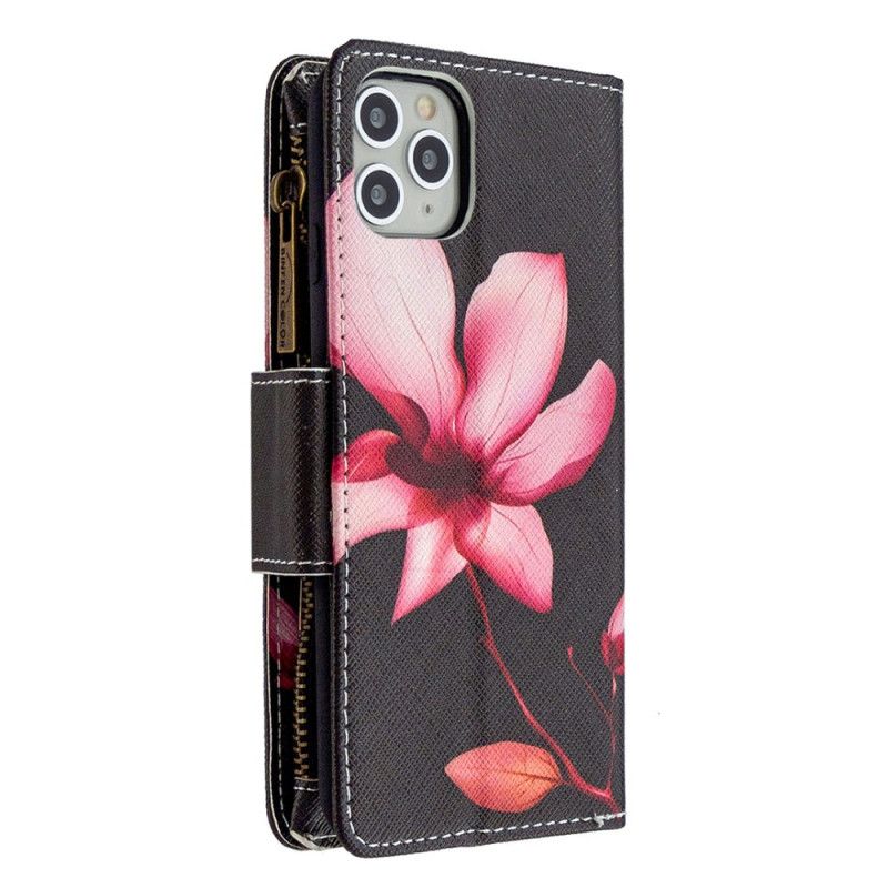 Etui Folio iPhone 11 Pro Max Biały Czarny Kieszeń Zapinana Na Zamek W Kwiaty Etui Ochronne