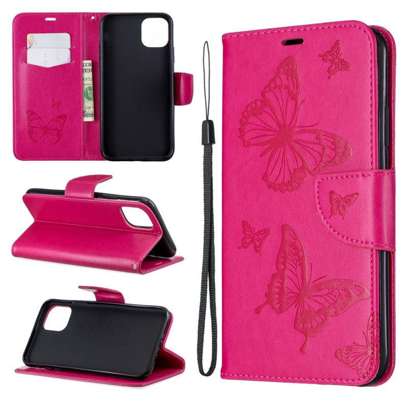 Etui Folio iPhone 11 Pro Max Magenta Szary Drukowane Motyle Ze Stringami