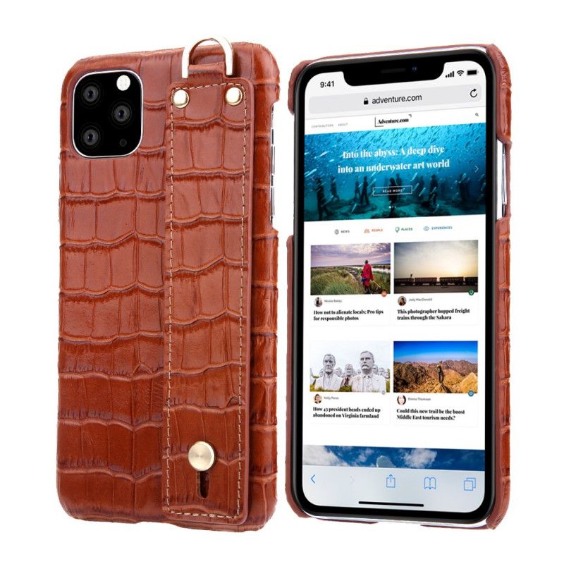 Etui iPhone 11 Pro Max Czarny Prawdziwa Skóra Krokodyla Z Paskiem