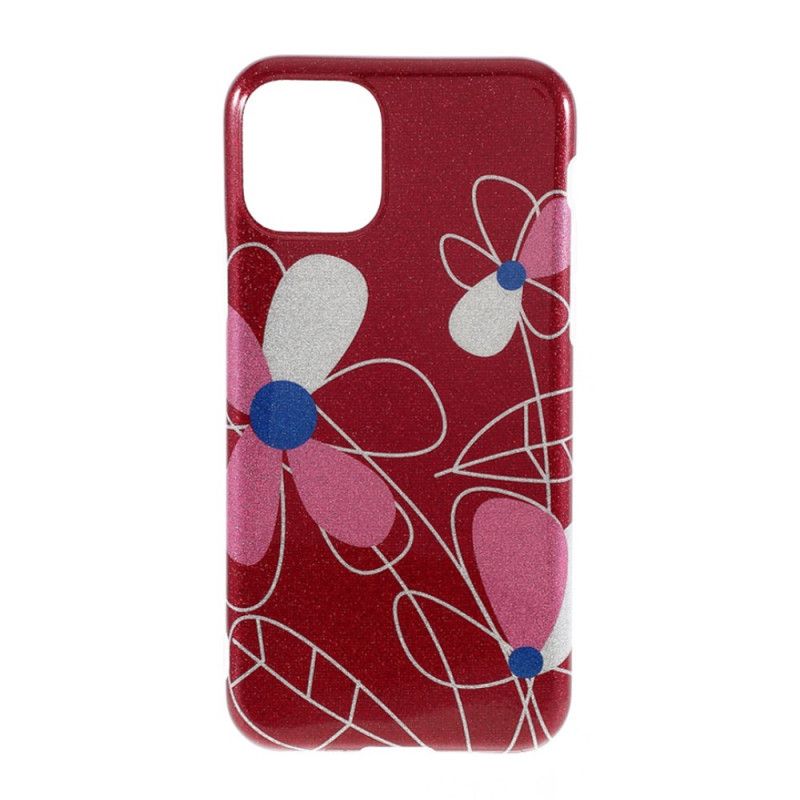 Etui iPhone 11 Pro Max Jasnoniebieski Czerwony Kwiatowy Brokat