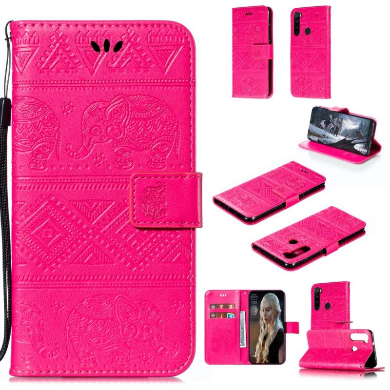 Etui Folio Xiaomi Redmi Note 8 Ciemnoniebieski Magenta Plemienne Słonie Ze Sztucznej Skóry Etui Ochronne