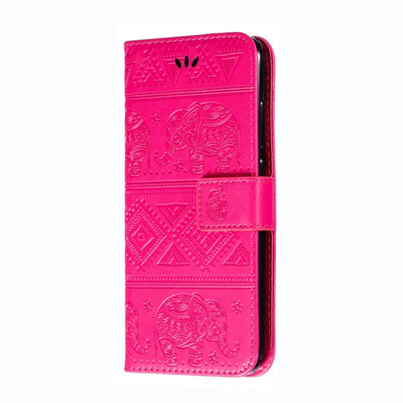 Etui Folio Xiaomi Redmi Note 8 Ciemnoniebieski Magenta Plemienne Słonie Ze Sztucznej Skóry Etui Ochronne