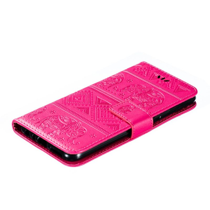 Etui Folio Xiaomi Redmi Note 8 Ciemnoniebieski Magenta Plemienne Słonie Ze Sztucznej Skóry Etui Ochronne