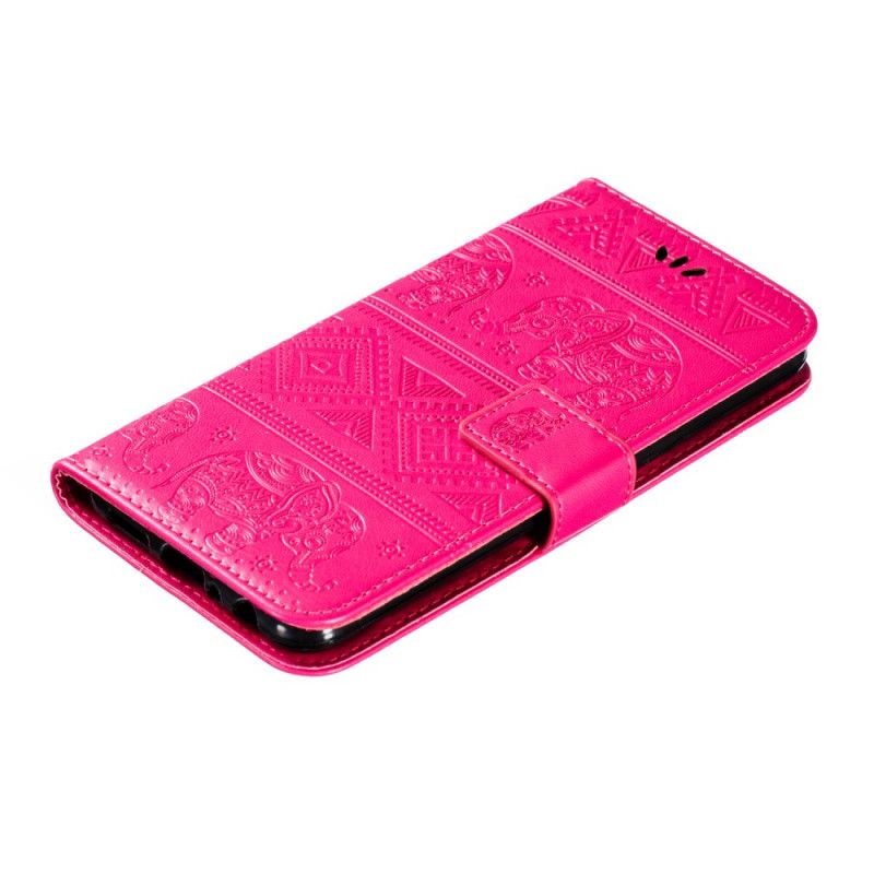 Etui Folio Samsung Galaxy A10s Ciemnoniebieski Magenta Słonie Plemienne Ze Sztucznej Skóry