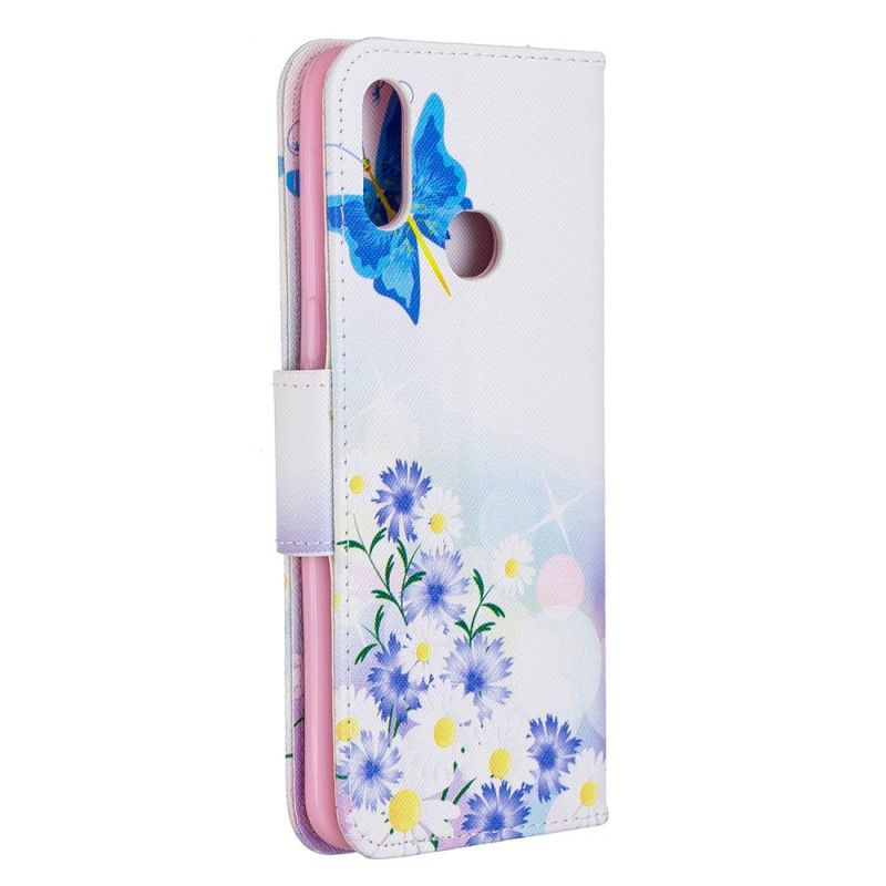 Etui Folio Samsung Galaxy A10s Jasnoniebieski Magenta Malowane Motyle I Kwiaty