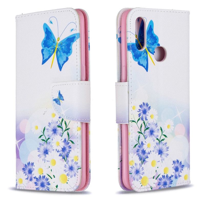 Etui Folio Samsung Galaxy A10s Jasnoniebieski Magenta Malowane Motyle I Kwiaty